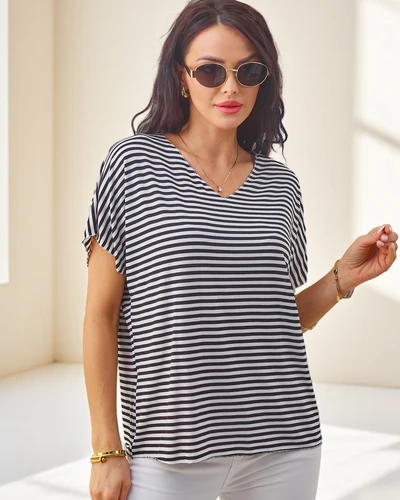 Royalfashion Sieviešu viskozes svītrainā blūze ar īsām piedurknēm un spīdīgu apdari