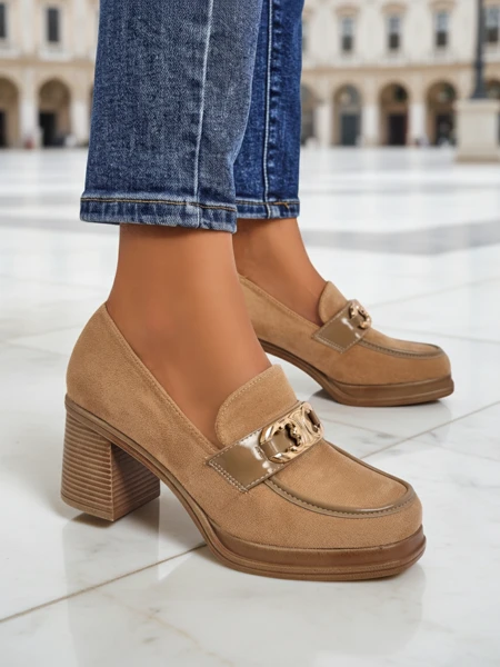 Women's Loafers Perseida - light brown suede block heel elegant