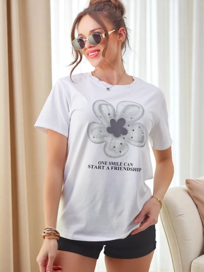 Royalfashion Sieviešu kokvilnas T-krekls ar ziedu