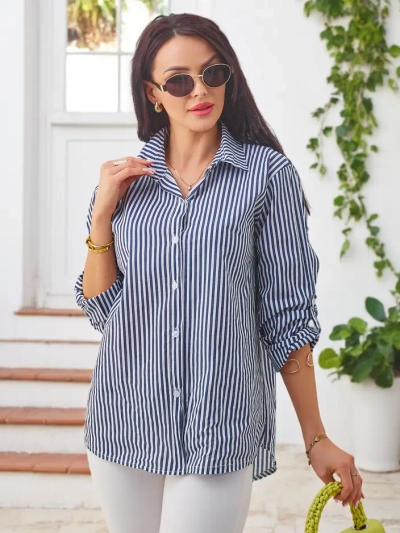 Royalfashion Cotton women's striped shirt with a tie at the bottom