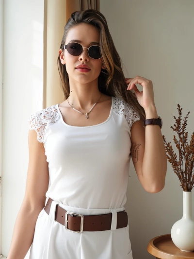 Royalfashion Cotton women's t-shirt with lace sleeves