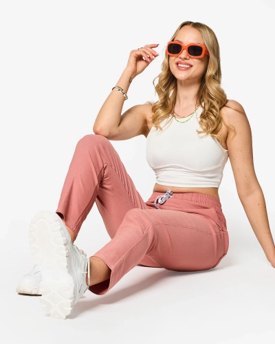 Women's straight fabric pants in pink PLUS SIZE- Clothing