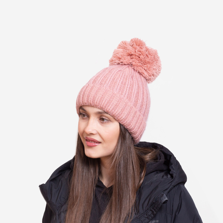 Dark pink women's insulated glossy beanie with pompom - Accessories