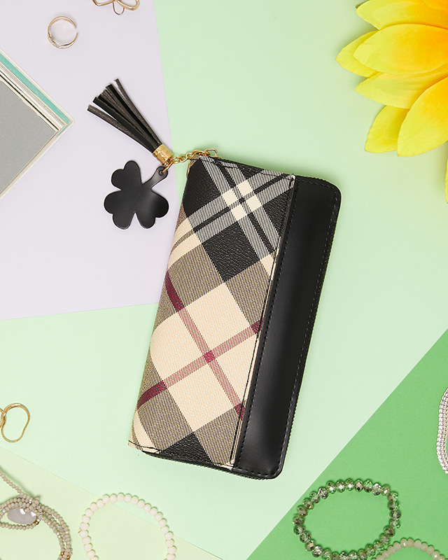 Large black and beige checked wallet for women - Accessories