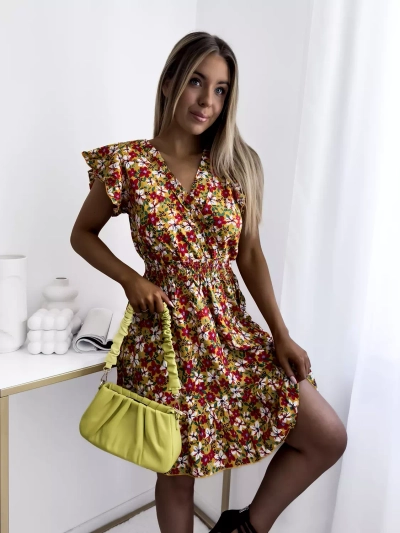 Yellow women's mini dress with floral pattern - Clothing