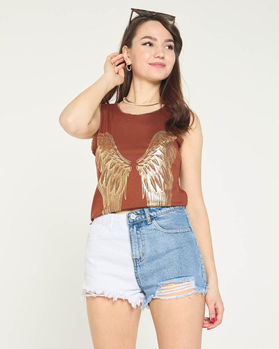 Brown ladies top with golden wings print - Clothing