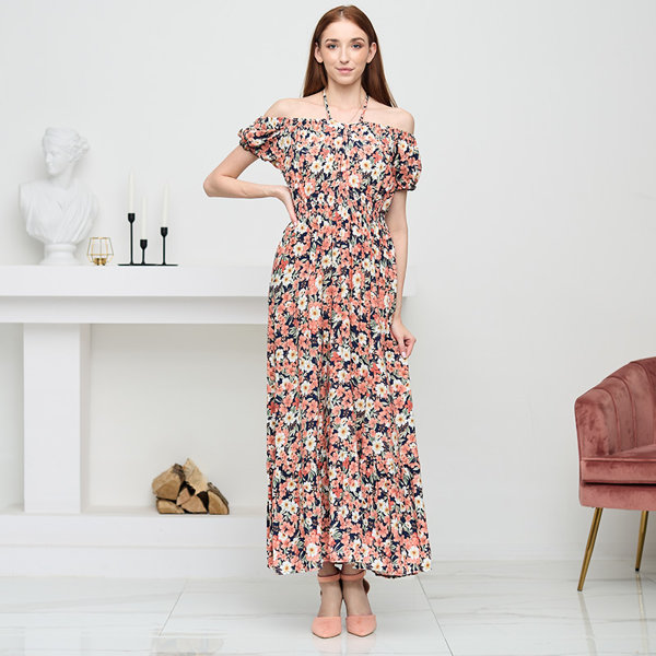 Long navy blue women's dress with coral flowers - Clothing