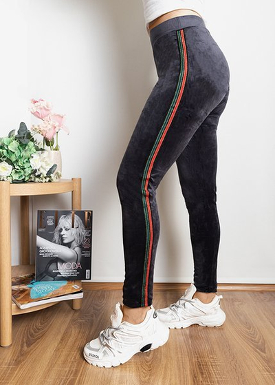Szare damskie legginsy z lampasami - Odzież