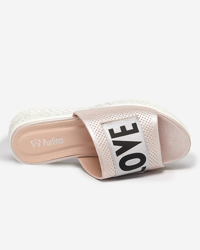 Pink shiny women's slippers with the words Sosha- Footwear