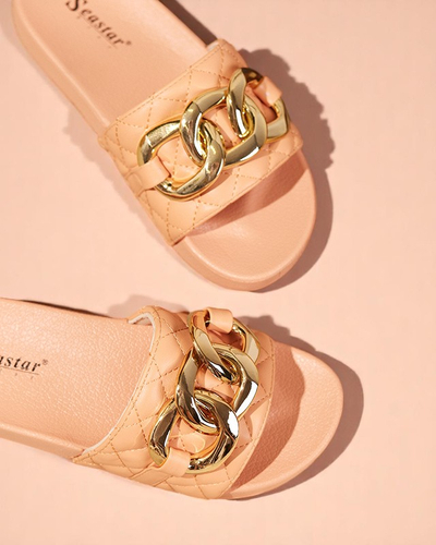 Royalfashion Coral women's quilted flip-flops with gold chain Eteris