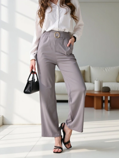 Royalfashion Wide women's trousers with a decorative buckle