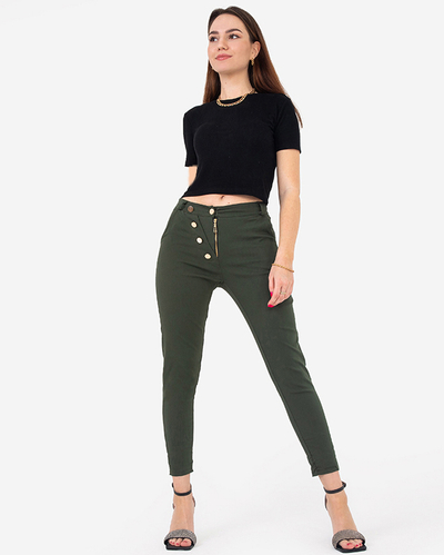 Women's green fabric pants with decorative buttons - Clothing