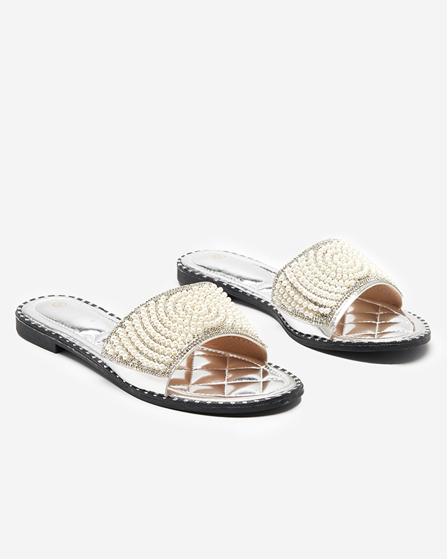 Silver women's slippers with Ahaio decorations - Footwear