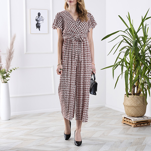 Patterned long women's jumpsuit with binding in red- Clothing