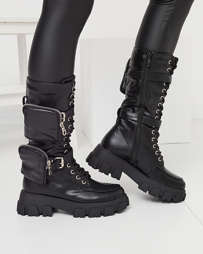 Melni strādnieku zābaki ar dekoratīvām paciņām virspusē Sello- Footwear
