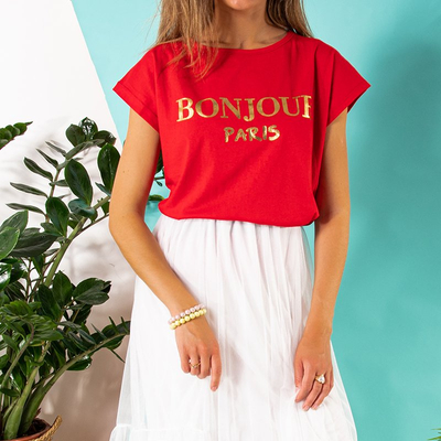 Women's red cotton t-shirt with print - Clothing