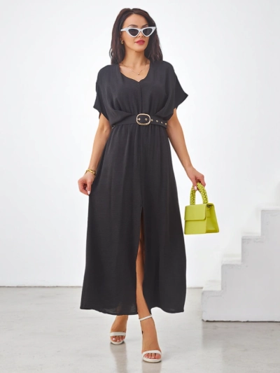 Royalfashion Women's midi dress with short sleeves, V-neck, and a slit in the middle