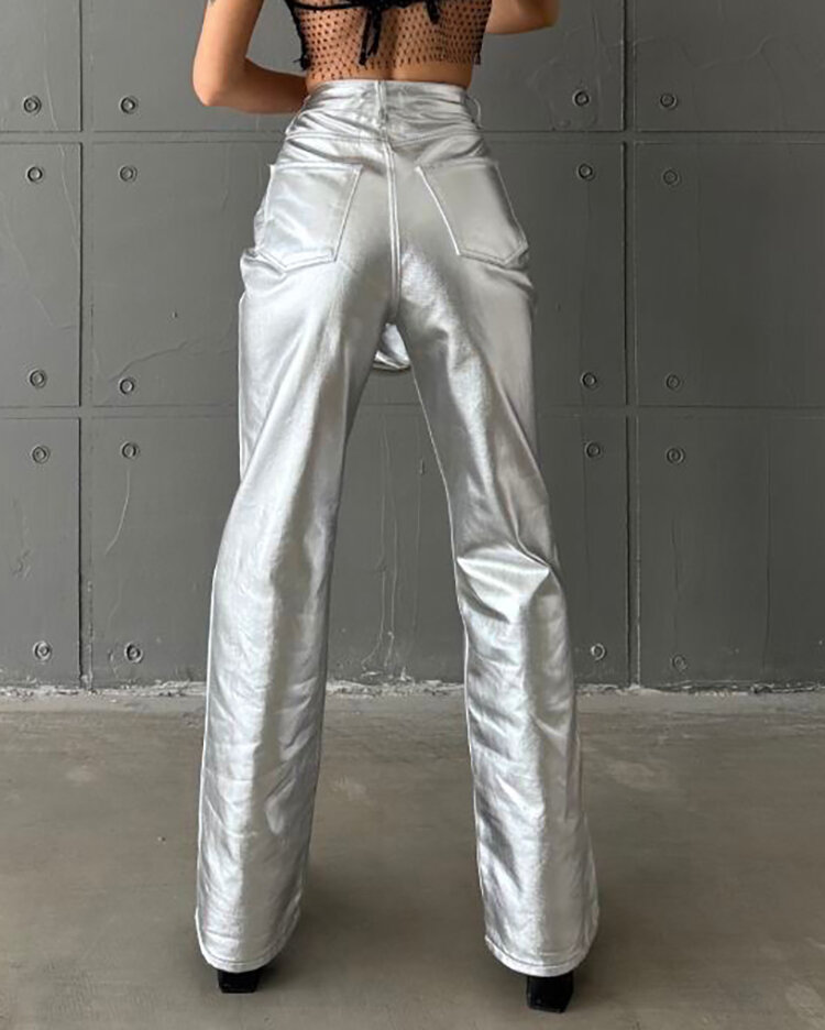 Royalfashion Sieviešu metāliskas platās bikses