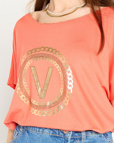 Oranžs sieviešu t-krekls ar zelta apdruku un kubisko cirkoniju - Apģērbs