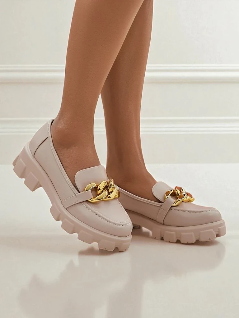 Loferse femrash bezhë Callista me zinxhir, takë të sheshtë, eko-lëkurë