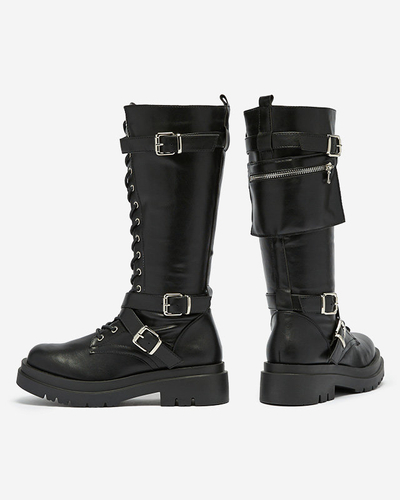 Black worker boots with decorative stripes on the upper. Imielin - Footwear