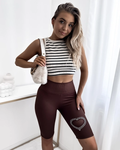 Royalfashion Tumši brūni sieviešu rievotas riteņbraukšanas legingi ar sirdi