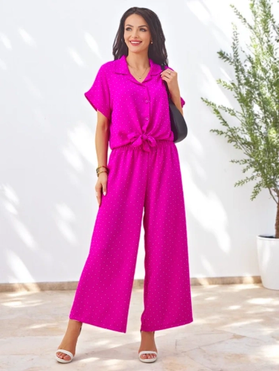 Royalfashion Women's set with a tied short-sleeve shirt and flared pants with rhinestones