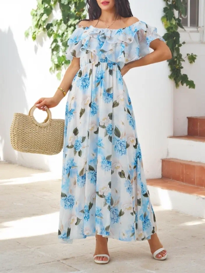 Royalfashion Sieviešu kleita ar atvērtām plecu daļām un īsām piedurknēm dažādās ziedu motīvos