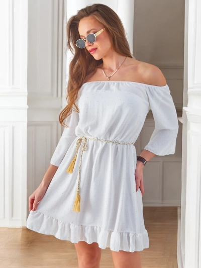 Royalfashion Sieviešu mini kleita bez pleca ar garām piedurknēm un akmeņiem