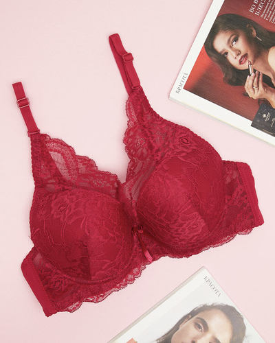 Women's push-up bra with lace in burgundy color - Underwear