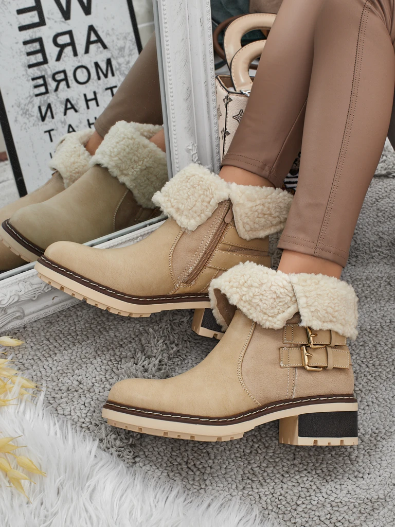 Botki damskie eko skórzane z kożuszkiem Kavira