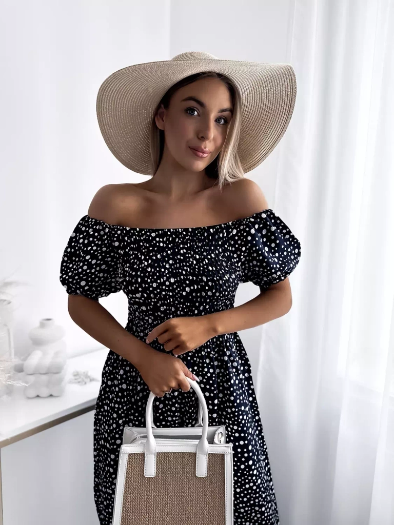 Темно-синее женское платье-макси в горошек- Одежда