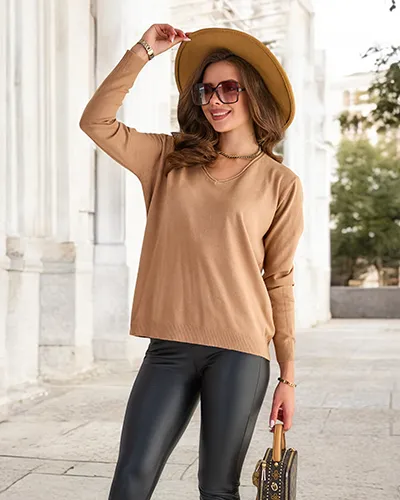 Royalfashion Camel women's sweater with heart neckline