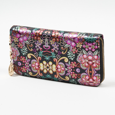 Large black women's wallet with a floral pattern - Accessories