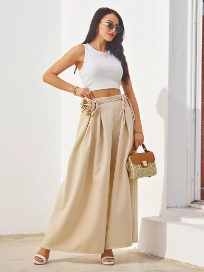 Royalfashion Элегантные широкие женские брюки с декоративным цветком на талии
