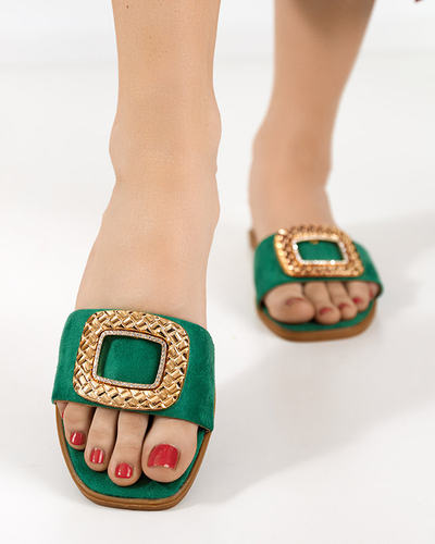 OUTLET Green women's eco suede slippers with a gold buckle Lozi - Footwear