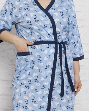 Blue women's cotton bathrobe with floral pattern - Clothing