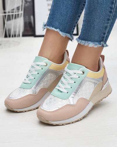 Women's beige and pink lace-up sports shoes Mnerio- Footwear
