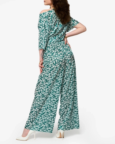 Women's green pleated set with black flowers - Clothing