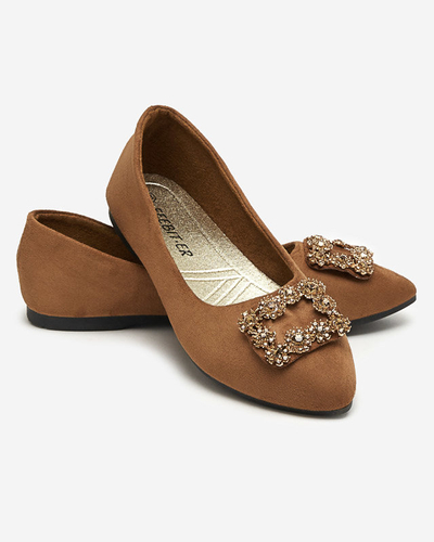 OUTLET Brown women's eco-suede ballerinas with Linselis decoration - Footwear