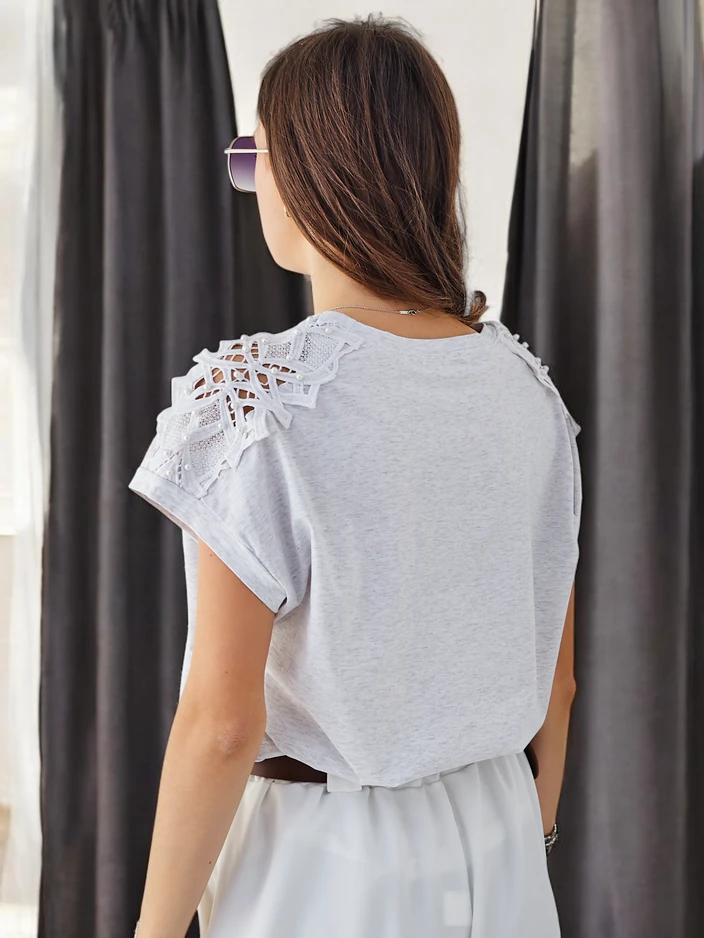 Royalfashion Cotton women's t-shirt with lace sleeves