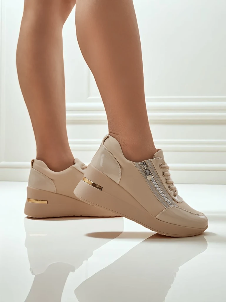 HeraBea women's wedge sneakers, beige, made of eco-leather, 6.5 cm with a zipper