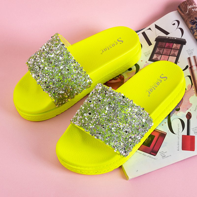 OUTLET Neon green women's slippers with cubic zirconia Aisidora - Footwear
