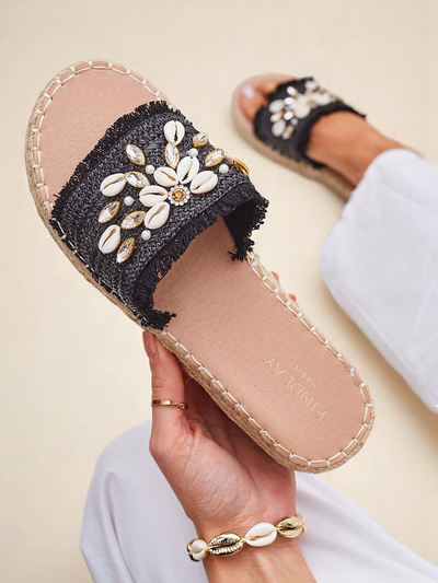 Royalfashion Helena Decor Women's Sandals Black Espadrilles with Shells