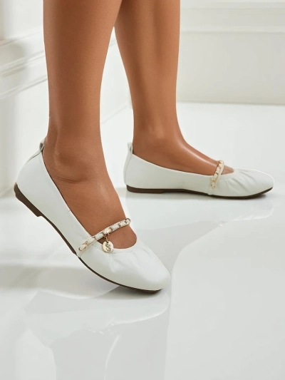 Callista women's white ballet flats with a chain - ecological leather, Italian classic