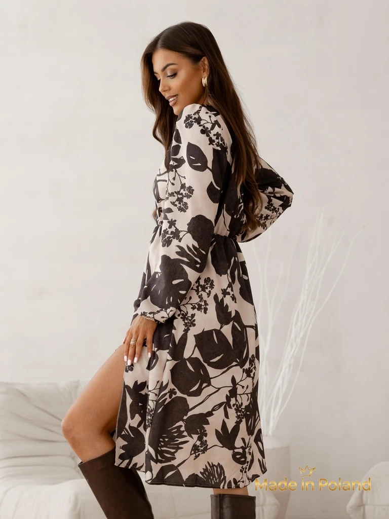 Melania Botanica Dress – brown midi with long sleeves, decorative pattern