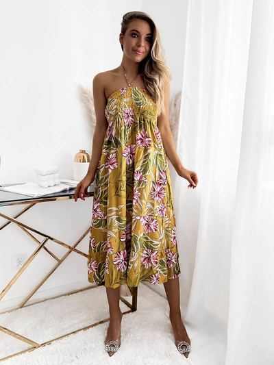 Желтое женское платье-миди с цветочным узором - Одежда