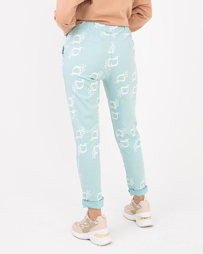 Mint fabric women's trousers with inscriptions - Clothing