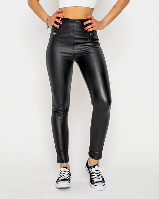 Black high waisted eco-leather leggings for women - Clothing