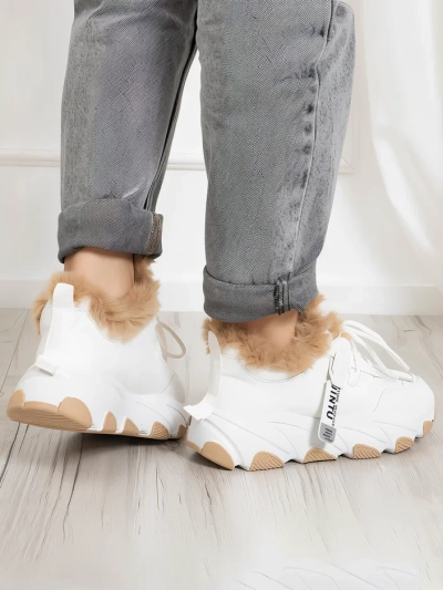 Women's white sports sneakers with Nonua fur - Footwear
